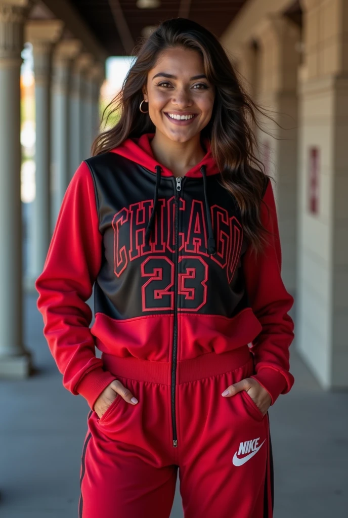 Female wearing Red and Black Chicago Bulls Jordan 23 logo hoodie sweatshirt, wearing NIKE track pants, 38-D cup big firm breasts, zippered till neck jacket, Nike brand, athletic body sexy , very attractive face, cute smile, full length photo, smiling cute, Kate Mara looking Indian cute female face, 34 years of age, looking at the camera straight, hands in pocket, Nikon Z8 + NIKKOR Z 24-120 mm f/4 S