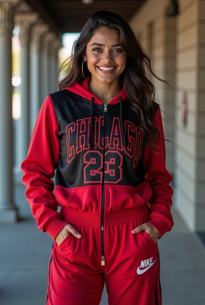 Female wearing Red and Black Chicago Bulls Jordan 23 logo hoodie sweatshirt, wearing NIKE track pants, 38-D cup big firm breasts, zippered till neck jacket, Nike brand, athletic body sexy , very attractive face, cute smile, full length photo, smiling cute, Kate Mara looking Indian cute female face, 34 years of age, looking at the camera straight, hands in pocket, Nikon Z8 + NIKKOR Z 24-120 mm f/4 S
