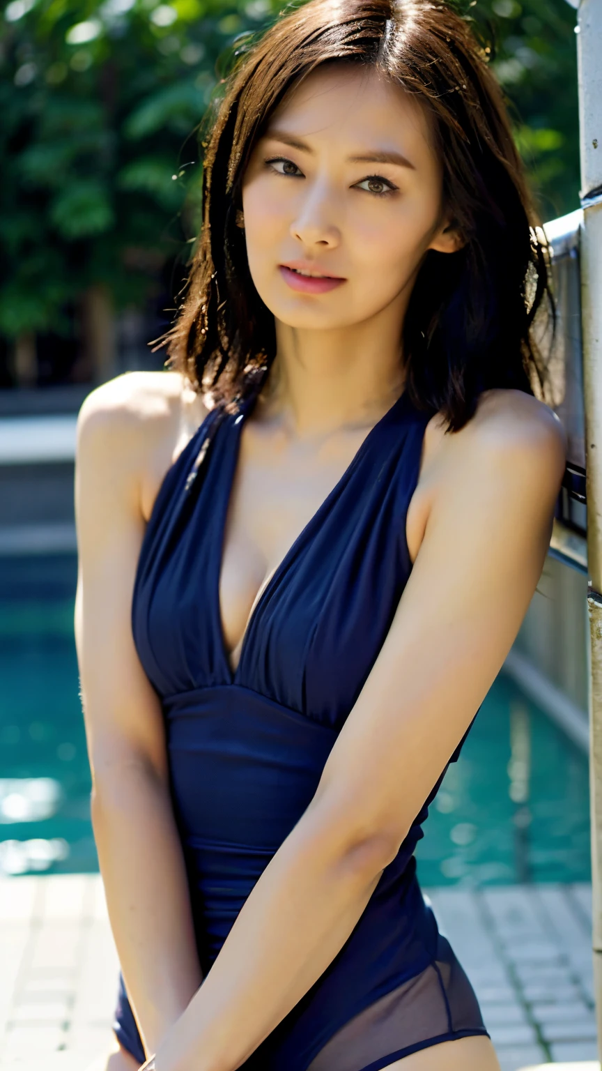 ((Highest quality、8k、masterpiece:1.3)), Long legs, Sharp focus:1.2, Beautiful woman with perfect figure:1.4, Slim Abs:1.1, The background is the pool, ((Dark brown hair、Shortcuts)), ((Navy Blue High Leg One Piece Swimwear, Swimwear, )), Highly detailed face and skin texture, Detailed eyes, double eyelid, Poses that accentuate the chest, 3 Women