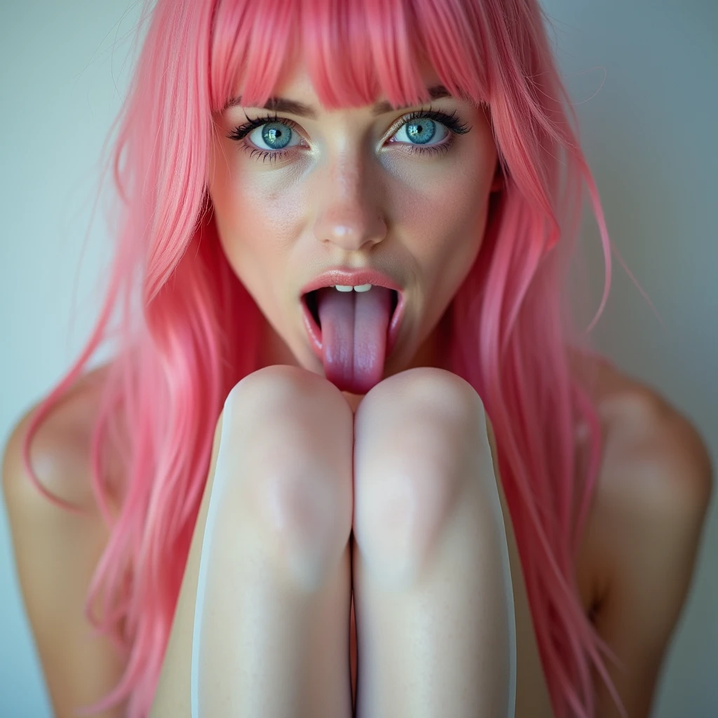 woman standing front white transparent plastic pantyhose ,tongue out, bright blue eyes, photo from above, long pink hair, orgasm, open eyes
