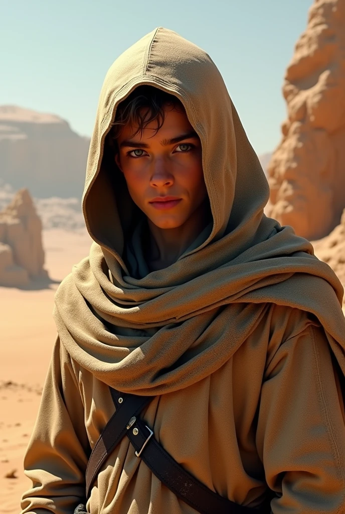 Only face medivil deseert hunter young guy in hood no beard