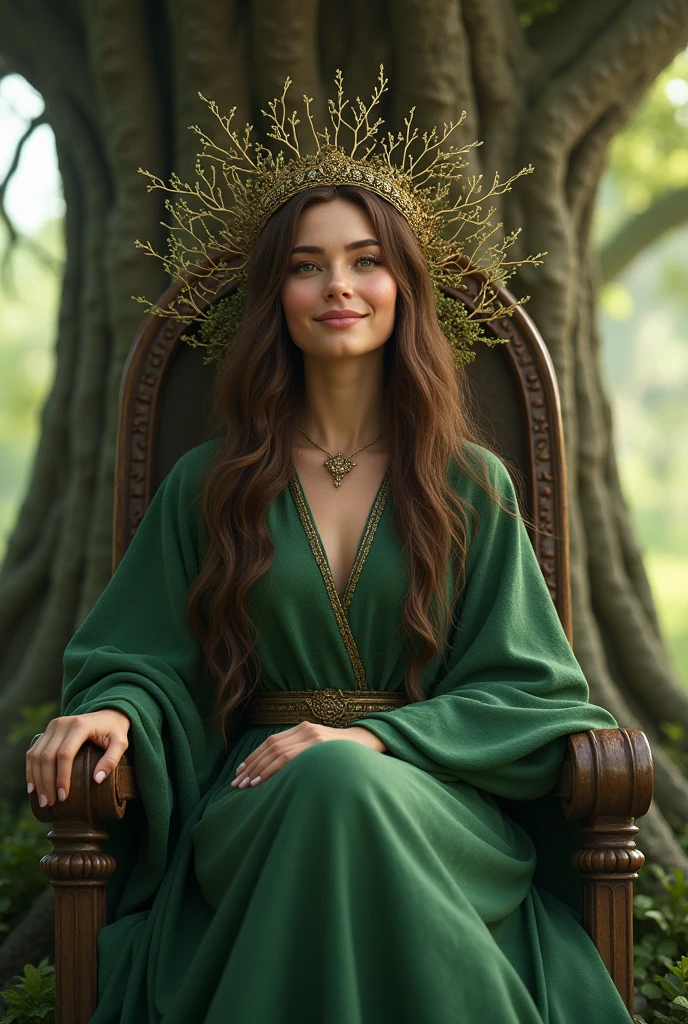 A woman in a green robe sits on a throne. This stands in front of a mighty tree. She has a crown of gold and tree branches on her long brown hair. she smiles