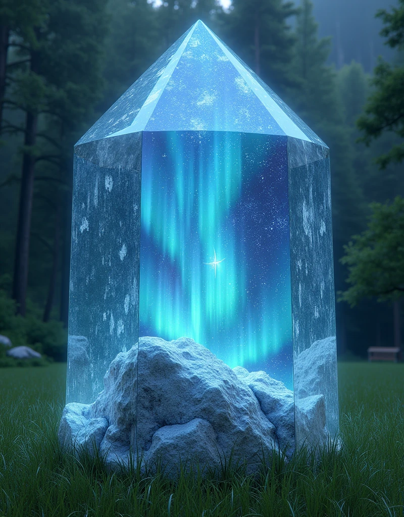 A big crystal, with an aurora borealis and a galaxy inside it, background a lawn