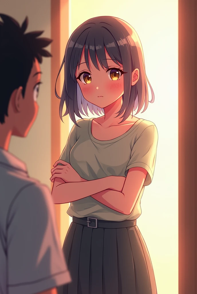Anime girl with arms crossed talking to someone from the front