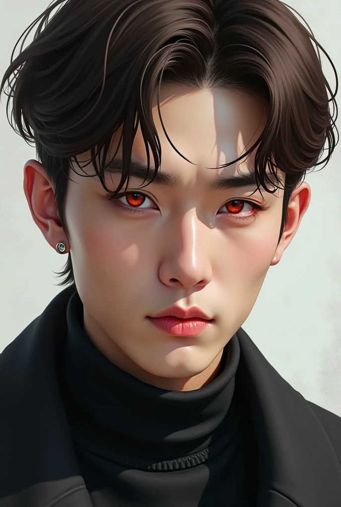 Korean man, brown hair, brown hair swept back, back swept hair, short to medium length hair, red eyes, straight eyebrows 