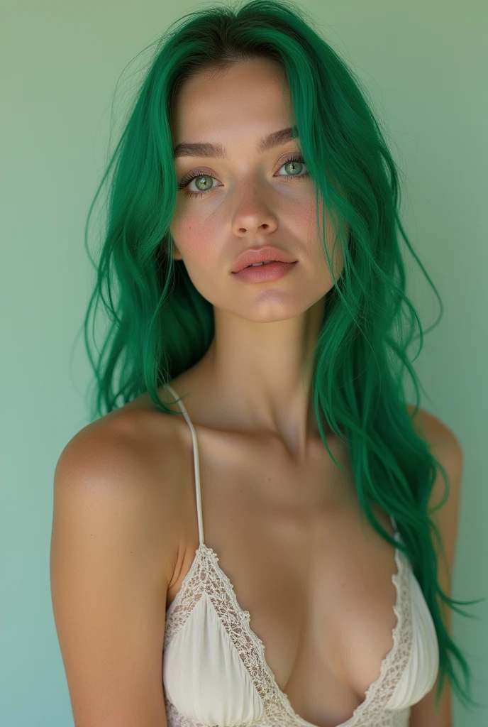 Create a realistic photo of a female influencer who is 2. She is 1.70 meters tall and weighs 62 kilograms. Her hair is green, long, straight, and reaches down to her neck, contrasting with her blue eyes and fair skin. Her face is symmetrical and attractive, reflecting a classic beauty. The proportion of her waist to her hips is notable, with hips visibly wider than her waist, giving her a curvy figure. Her navel is deep, accentuating her silhouette. Make sure to capture the youthful and vibrant essence of this influencer.Photorealistic, realistic, post-processing, maximum details, roughness, real life, ultra-realistic, photorealism, photography, 8k HD, photography.