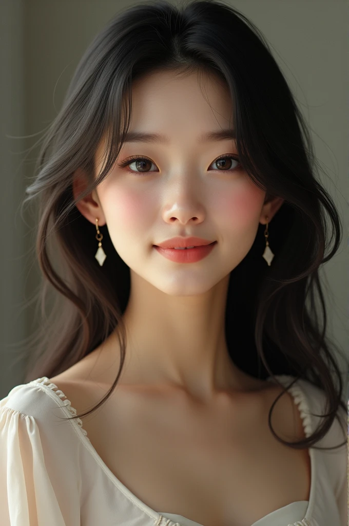 masterpiece, best quality, photorealistic, raw photo, 1girl, long hair, medium breast, collared blouse, light smile, detailed skin, pore, simple background