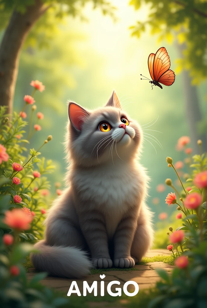 A friendly natural environment. In the middle sits a beautiful fat grey Persian cat with long fur and amber eyes. He looks up at a butterfly. Below him is the word AMIGO in capital letters 