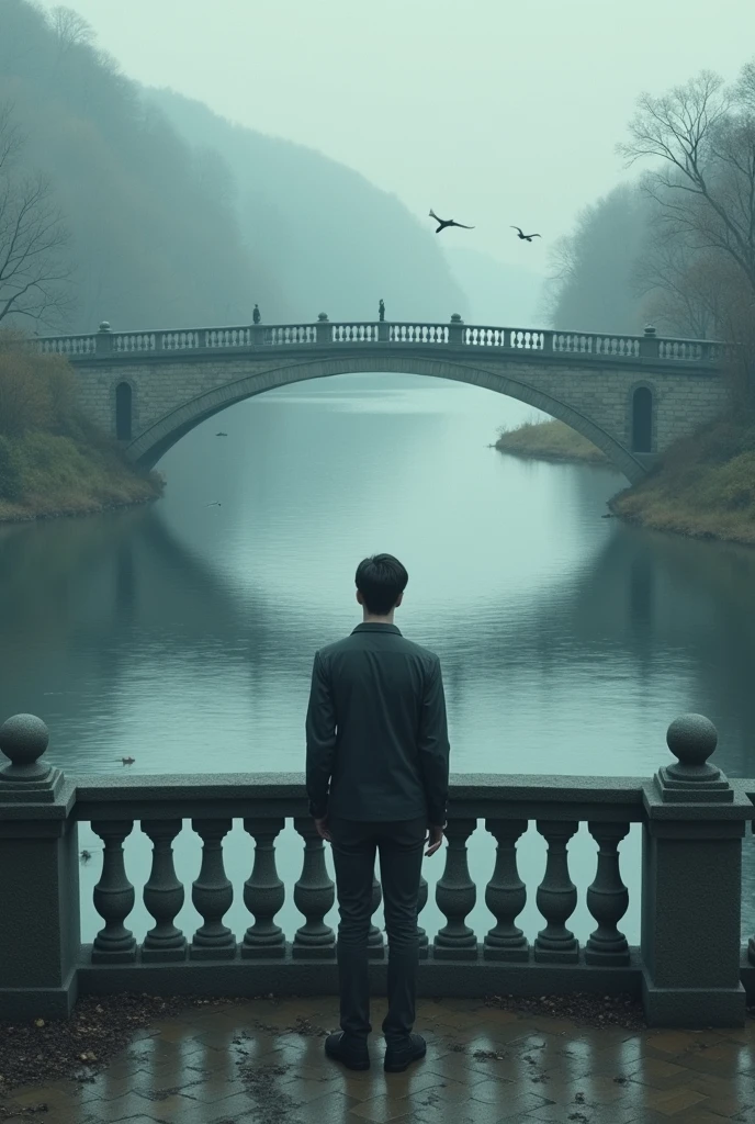UN JEUNE HOMME TRISTE QUI EST SUR UN PONT OU IL Y A BEAUCOUP D’EAU 