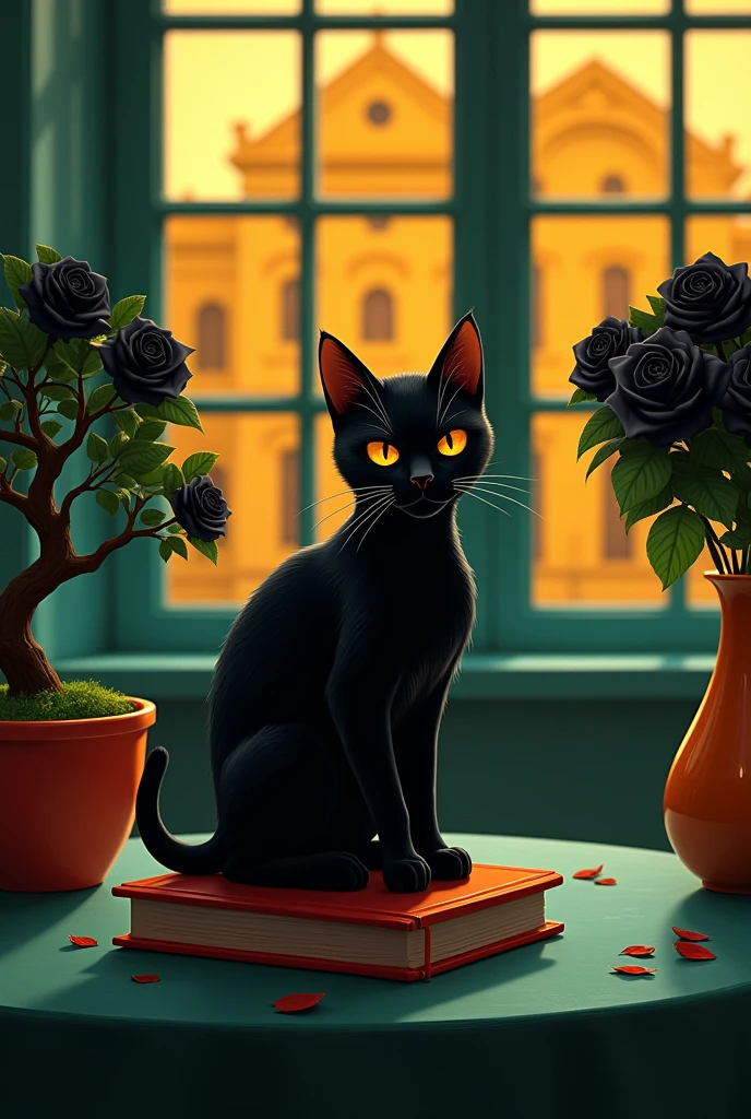 black_cat+bonsai_orange_tree+pot_black_roses, romantisism_modern+realism+baroque, black cat sitting on a red book, next to a small ((bonsai orange tree in an orange and red pot)), next to a ((vase with black roses))s, all on a table of green tones, in a room with large windows that reveal an intense yellow mansion, Intense colors cold lines Presisa, very detailed, the anxious facial anxious expression of the cat is the most important thing