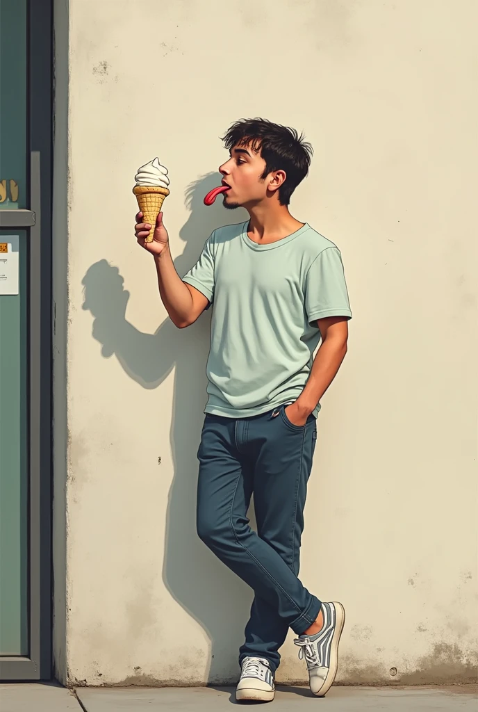 Man standing, side view, full body, hand use get support wall, he have tongue, licking ice cream