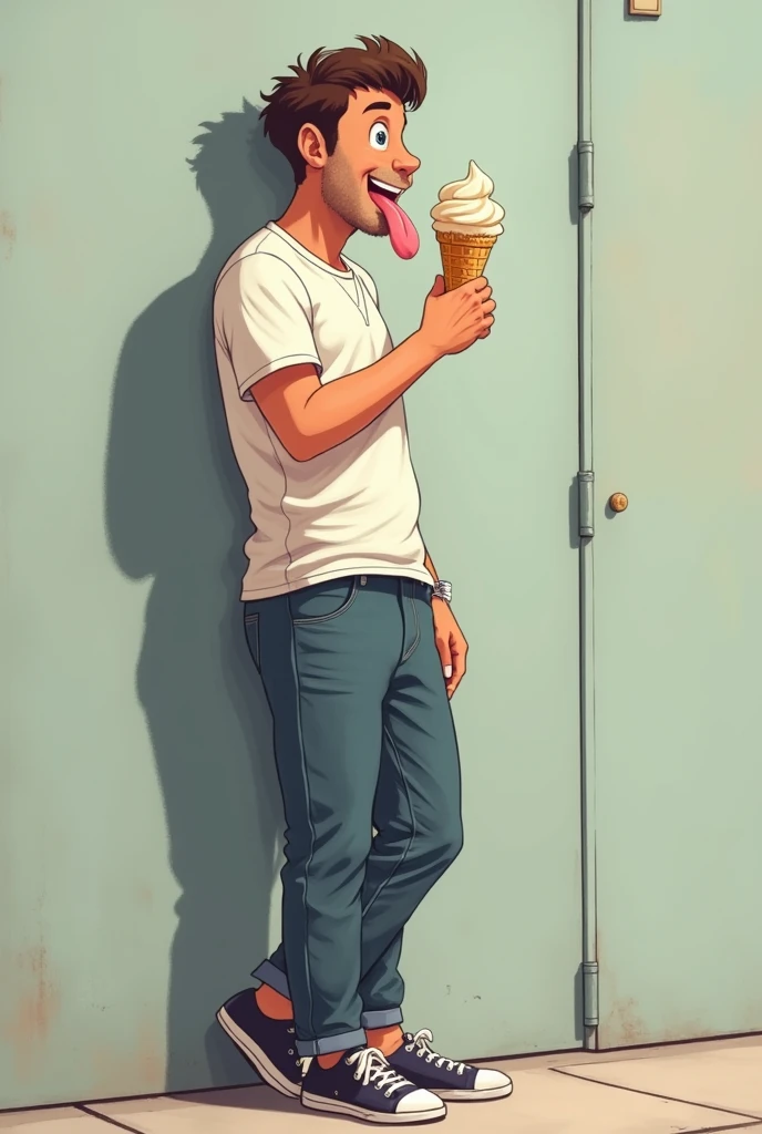 Man standing, side view, full body, hand use get support wall, he have tongue, licking ice cream