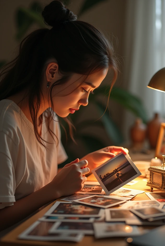 Prompt 2: A montage of photos or videos scattered across a table, showing memories of a happier past. The 2 girl picks up a photo and stares at it, tears welling up in her eyes.
