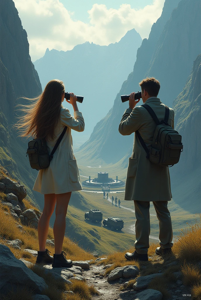 Two scientists, a woman with loose hair and a man. They are lying on a mountain looking towards a secret base with binoculars.. And the base With three guards outside and there are 3 military cars parked. And a mountainous background can be seen