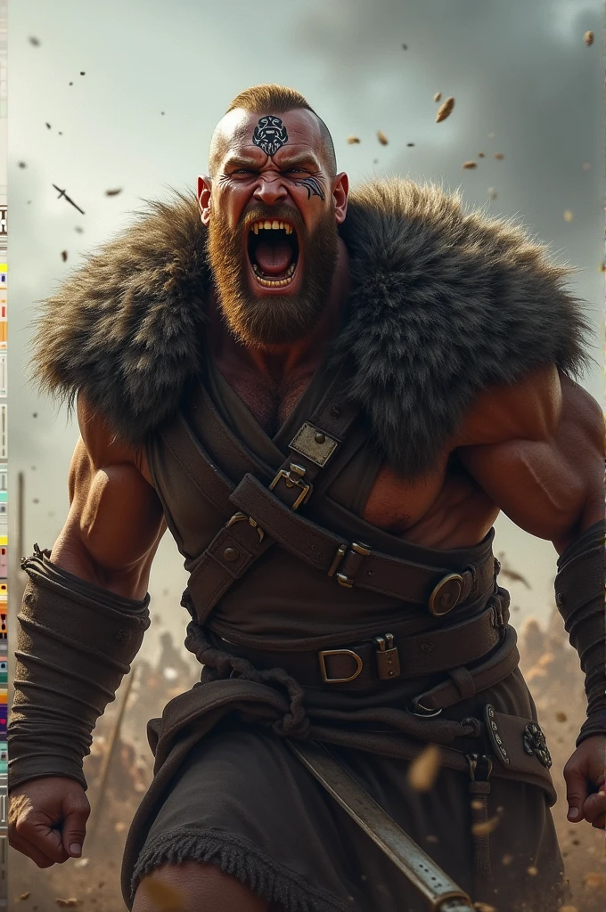 Realistic Viking warrior screaming with teeth bared with a Norse tattoo around his eye