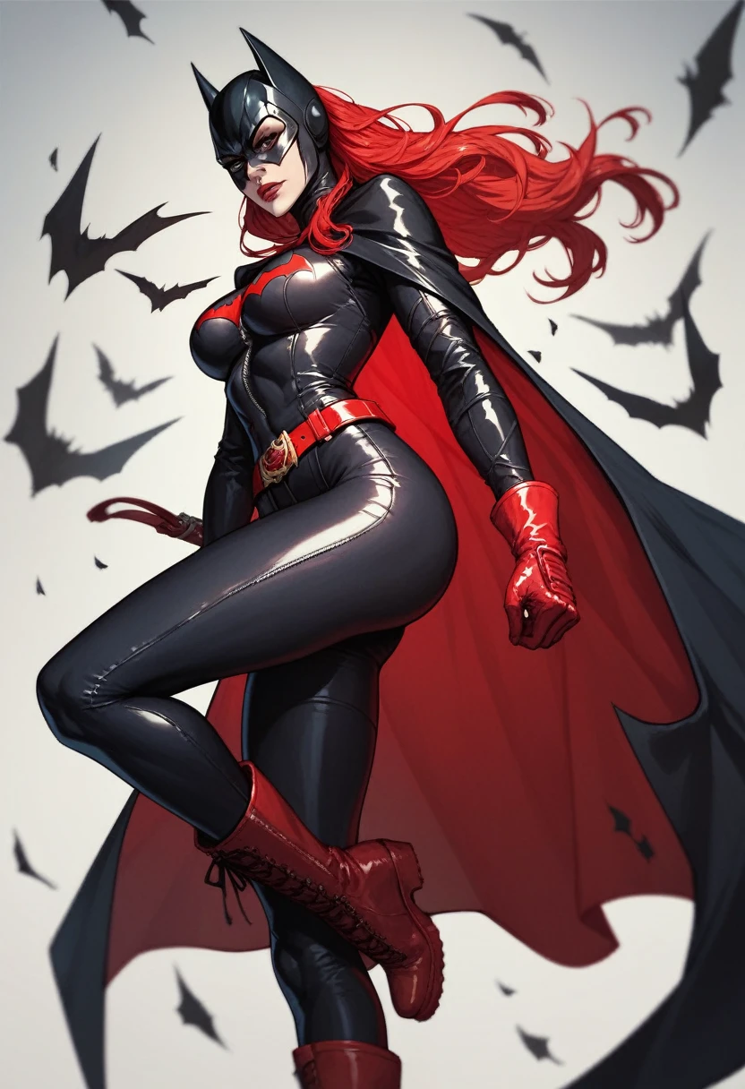 1girl, black bodysuit, long red hair, black batman helmet, black bodysuit, red belt, red gloves, red boots, black cape with red inside
