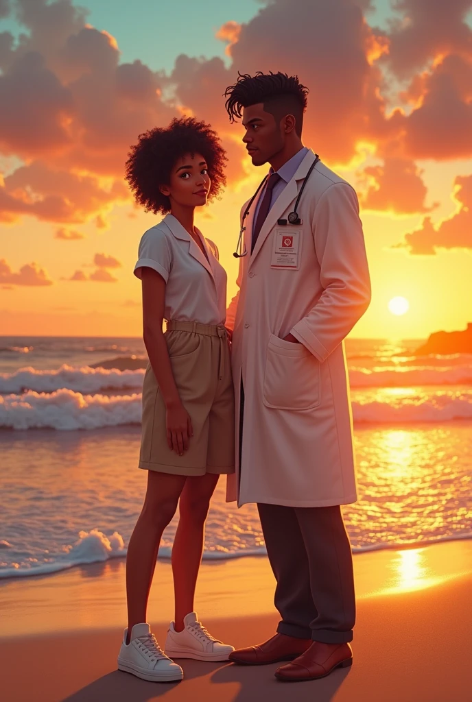 a dark-skinned pharmacist, 3 tall and smiling appearance with beautiful wavy hair like a pompadour, next to a 20 year old with curly hair, dark skin brown eyes, short-hair, at a sunset on the beach
 