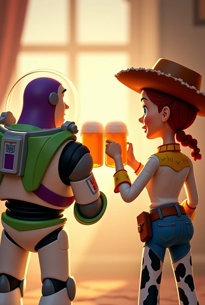Dessin Buzz l'éclair et Jessie de dos entrain de trinquer avec une chope de bière 