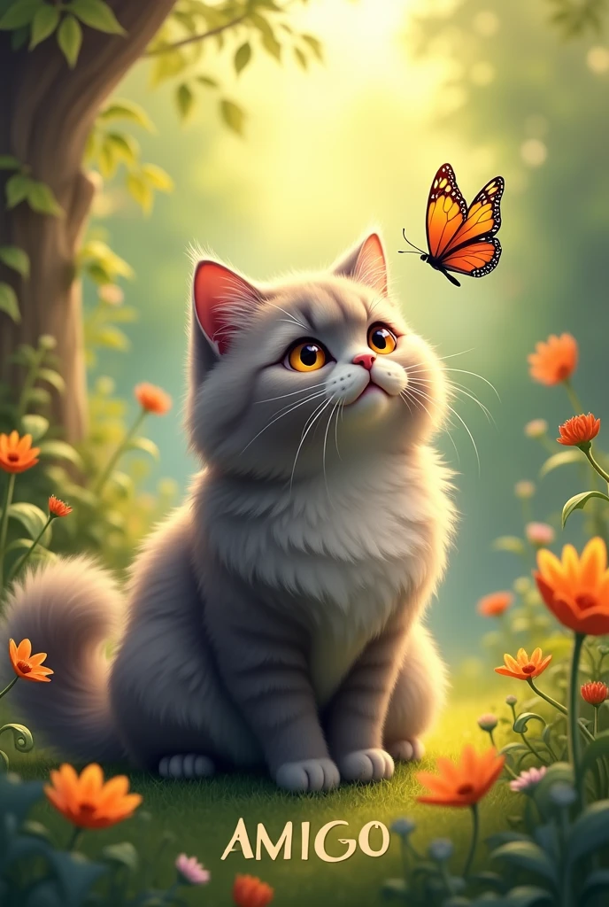 A friendly natural environment. In the middle sits a beautiful fat grey Persian cat with long fur and amber eyes. He looks up at a butterfly. Below him is the word AMIGO in capital letters 