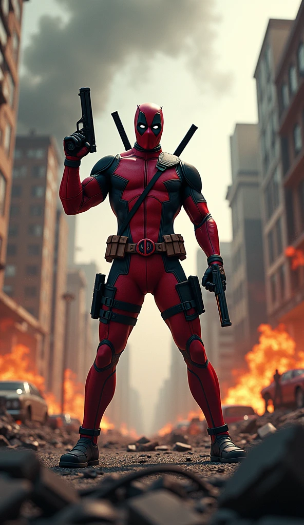 Create a scene with Deadpool in a ruined city, with burning buildings in the background. He is standing, with an excited expression, holding two guns and with a triumphant pose.