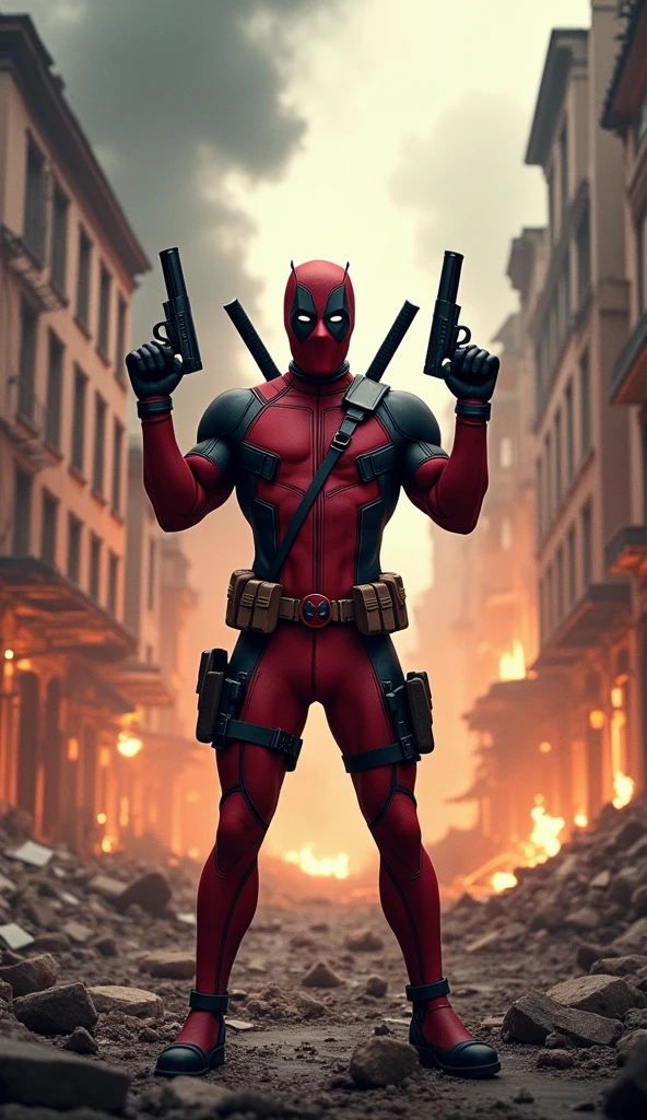 Create a scene with Deadpool in a ruined city, with burning buildings in the background. He is standing, with an excited expression, holding two guns and with a triumphant pose.
