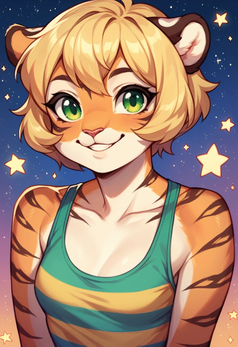 Anthropomorphic, cute, tiger woman, short chic blonde hair, green eyes, hourglass, small breasts, colorful rainbow striped tank top, cheerful smile, portrait, stars background