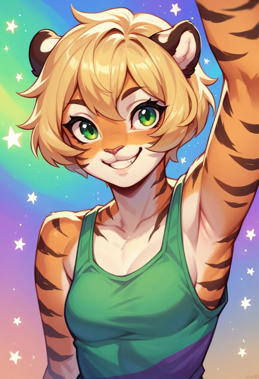 Anthropomorphic, cute, tiger woman, short chic blonde hair, green eyes, hourglass, small breasts, colorful rainbow striped tank top, cheerful smile, portrait, stars background