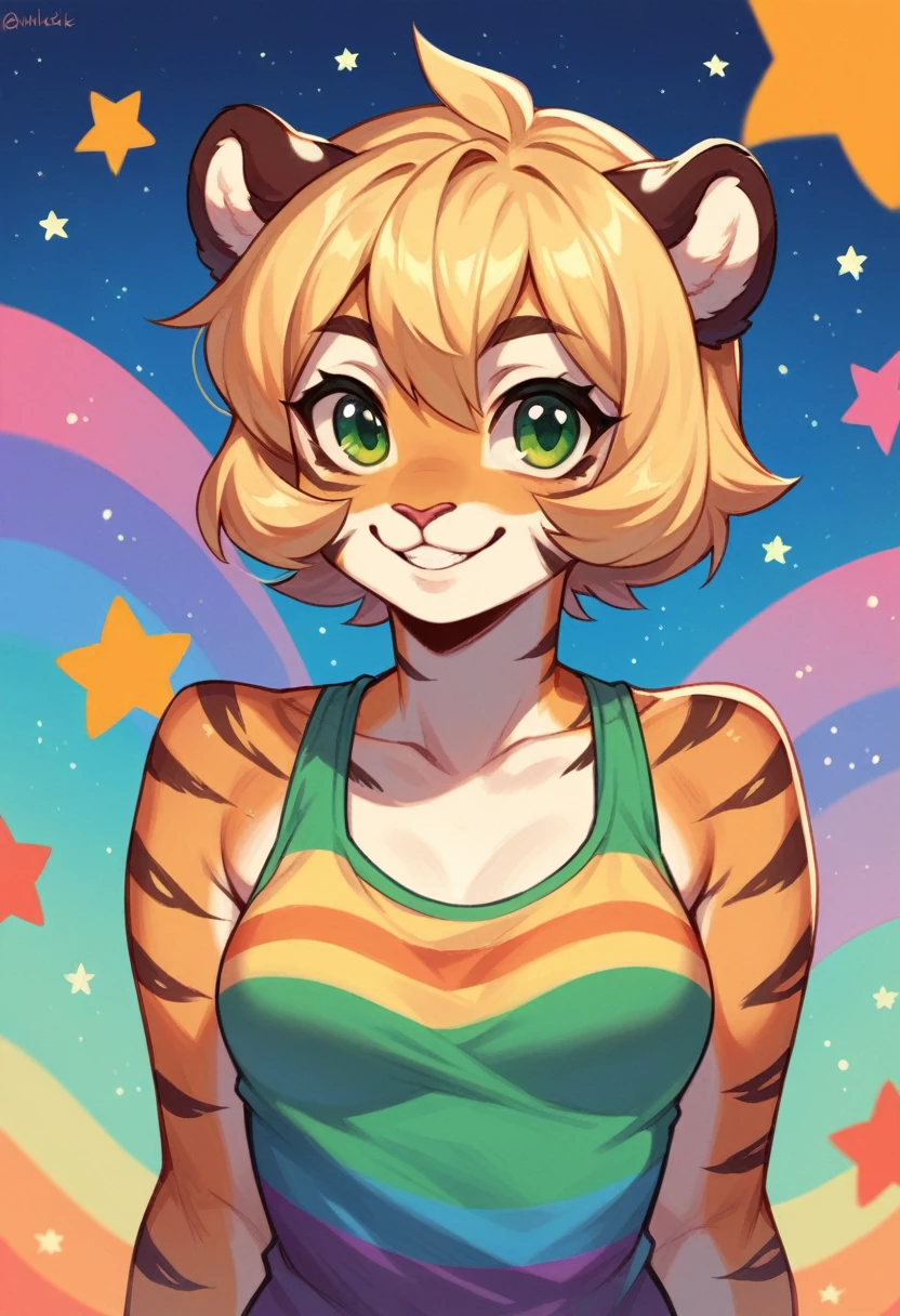 Anthropomorphic, cute, tiger woman, short chic blonde hair, green eyes, hourglass, small breasts, colorful rainbow striped tank top, cheerful smile, portrait, stars background