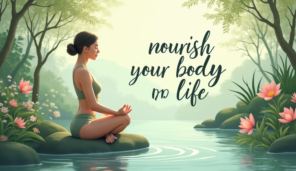 A serene background with soft, natural elements like flowing greenery, flowers, or gentle waves. Incorporate imagery of a woman practicing yoga or meditation in nature. “Nourish Your Body, Thrive in Life” in elegant, cursive font. Earthy tones like sage green, soft blues, and muted pinks.