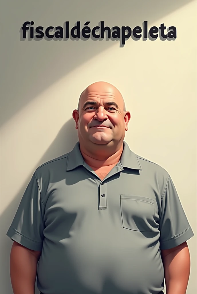 2D illustration of a 3 white man, slightly chubby and bald, without a beard, wearing a light gray uniform., and a wall behind it with the letters FISCALDECHAPELETA