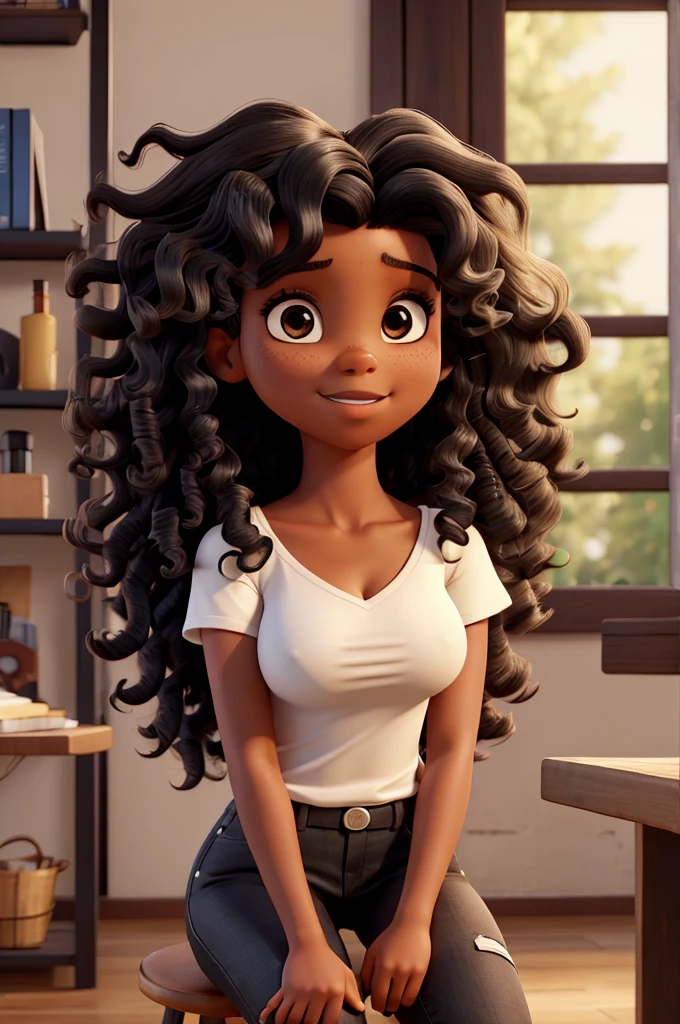 A beautiful and amazing black brazileiro woman,full - length portrait, white v-neck t-shirt, sitting down on chair, breasts big, Free curls, Black Crespo hair, (dark shorter Crespo hair), Wild black long Crespo hair, multiversal hair, brazileiro, Short black Crespo hair, curly black hair, curls, wavy hair spread out, curls barrocos, curls, Crespo, Fair Crespo hair, Hair Texture, Crespo bang, black woman