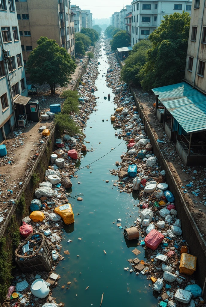 water channel contaminated with garbage. The image with an aerial view from above from a drone