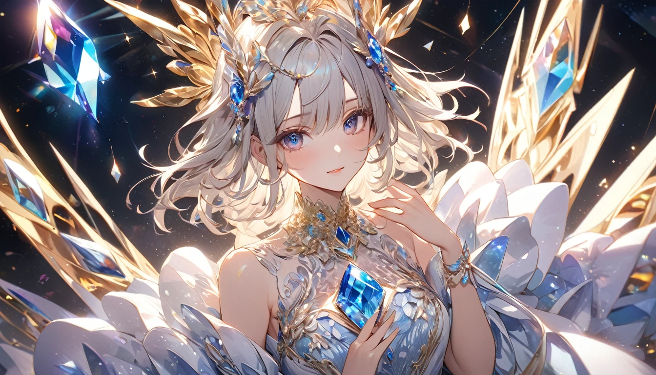 **374. One person。Personification of gemstone cuts。A symbol of beauty and sophistication。Cowboy shot or close-up。
masterpiece, best quality, ultra detailed (Detailed fingers), (Emotional), (Breathtakingly beautiful),
(main part: 1.2 Whole body。), (Anime Style), (Very detailed), (Gemstone Cut Personification),
(超High resolution, High resolution), (8k), (High resolution: 1.2), (Complex and beautiful: 1.2)**
- background: jewels shine、A space with beautiful reflections of light。
- character: Young woman, around 1、Wearing a dress designed to resemble the cut of a gemstone。
-pose: Holding a jewel、Gazing at that brilliance。
-expression: A cool expression that boasts sophisticated beauty。
- Effects: The dress and accessories reflect the light.、Shining like a jewel。
-color: Crystal-like transparency and gold shine。