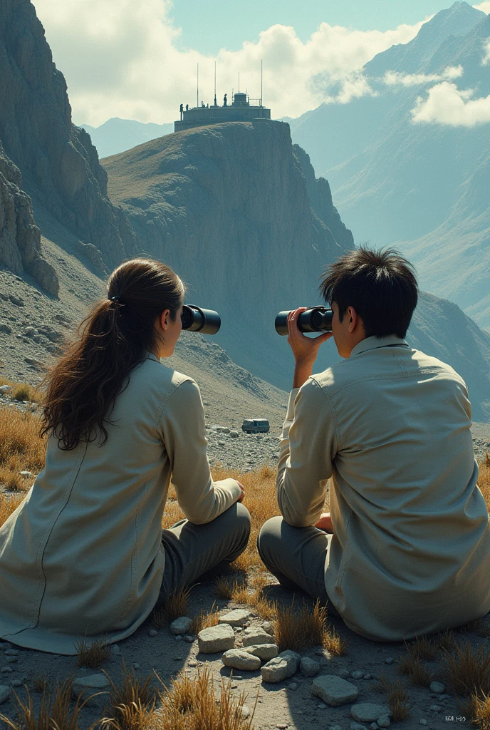 Two scientists, a woman with loose hair and a man. They are on a mountain lying on the ground looking towards a secret base with binoculars. And the base With three guards outside and there are 3 military cars parked. And a mountainous background can be seen