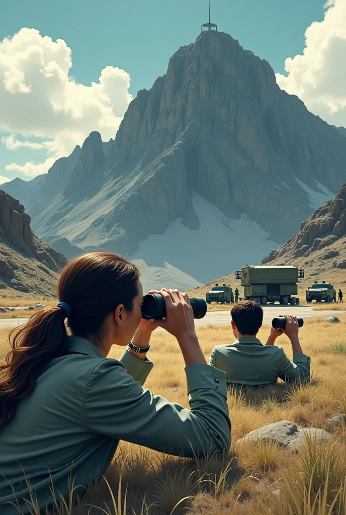 Two scientists, a woman with loose hair and a man. They are on a mountain lying on the ground looking towards a secret base with binoculars. And the base With three guards outside and there are 3 military cars parked. And a mountainous background can be seen