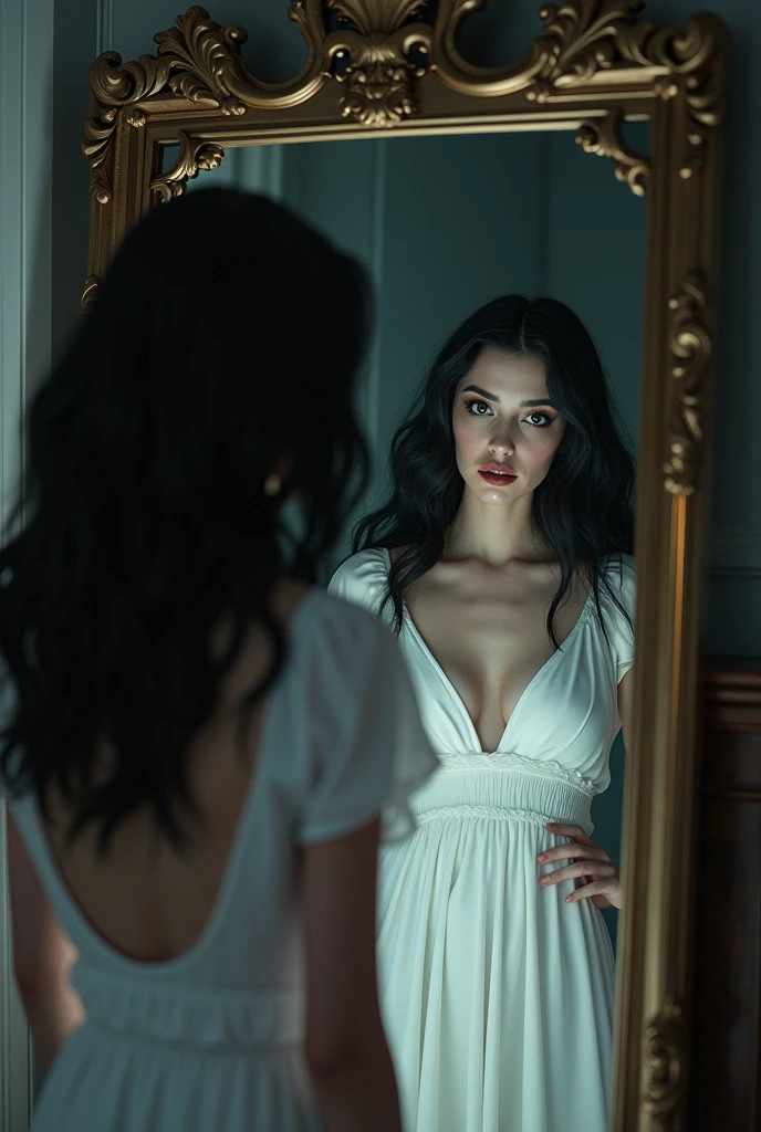 Create an image of a black-haired woman in a white dress looking in the mirror and the reflection in that mirror is her but her evil version