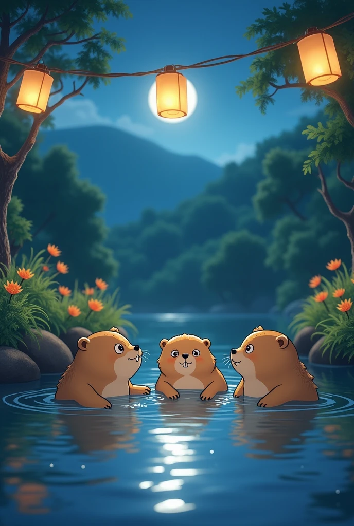 A group of marmots drawn in 2d studio ghibli style taking a relaxing bath in a river at night with lamps