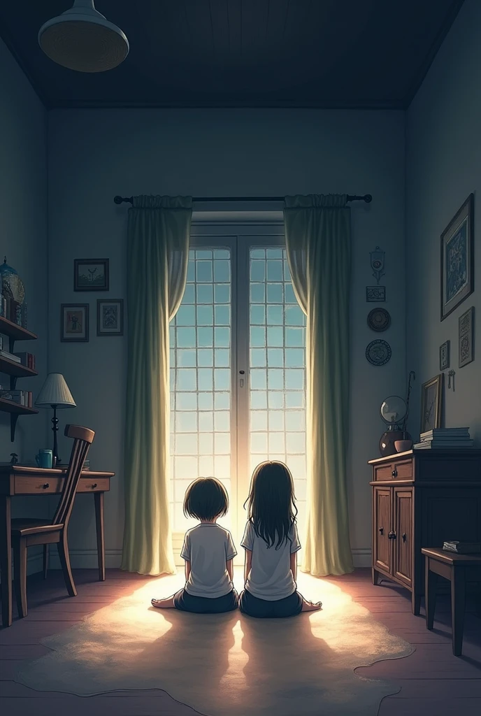 Prompt 3: A transformation scene where a room that was once brightly lit and full of life slowly dims and becomes colorless, with the 2 girl sitting in the center, mirroring the emotional shift from happiness to sadness.