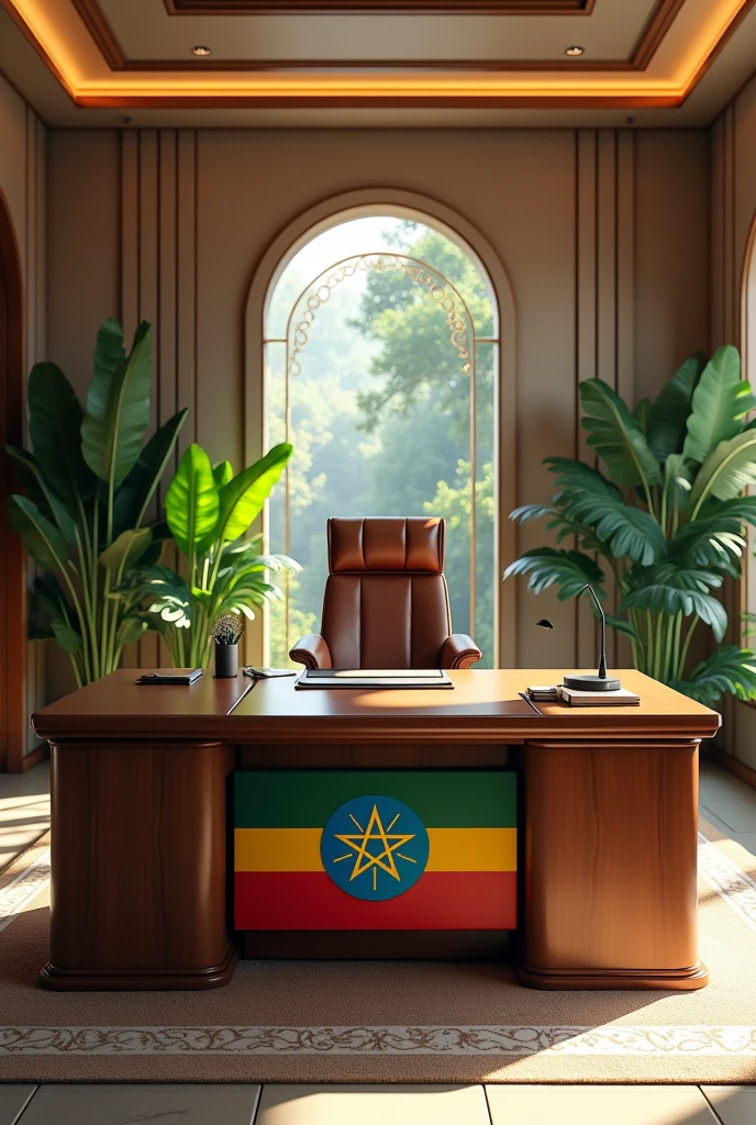 Office of prime minster of ethiopia.make it modernize ,lighty,green area,and little bit islamic and add  flag of ethiopia in art  way.and put on the table name "abdusebur zekeriya.make the chair little great .add on the table ethiopian flag and name " abdusebur zekeriya