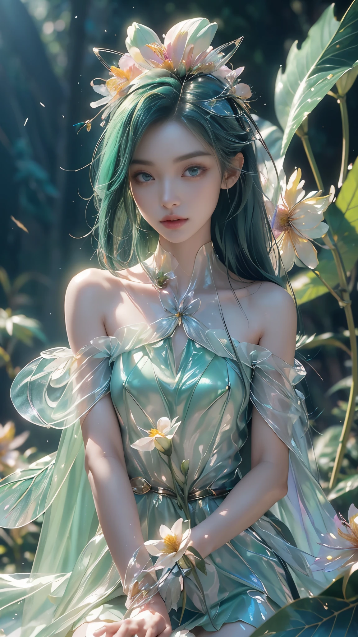 8k, masterpiece, 1 girl, beautiful face, very long hair, light makeup, (glossy skin:1.5), detailed eyes, detailed lips, small bust, short clothing, dragonfly, ((green dragonfly clothing)), ((flowing cape)), light clothing, ((bare shoulder)), (flower falling:1.5), god rays, depth of field, ray tracing,
