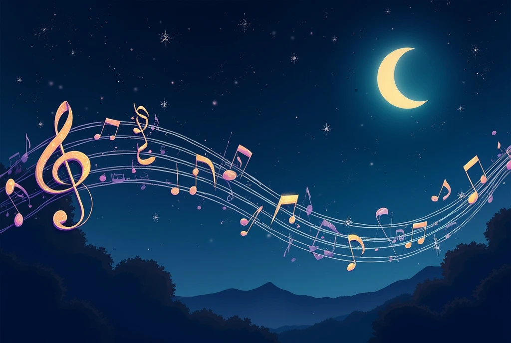 Musical notes, night sky, background only, cute