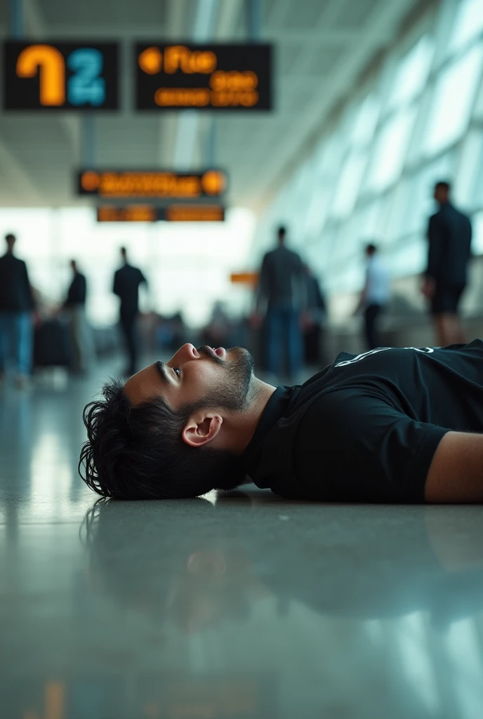 Football player Arthur Cabral in a black shirt lying on the floor of an airport