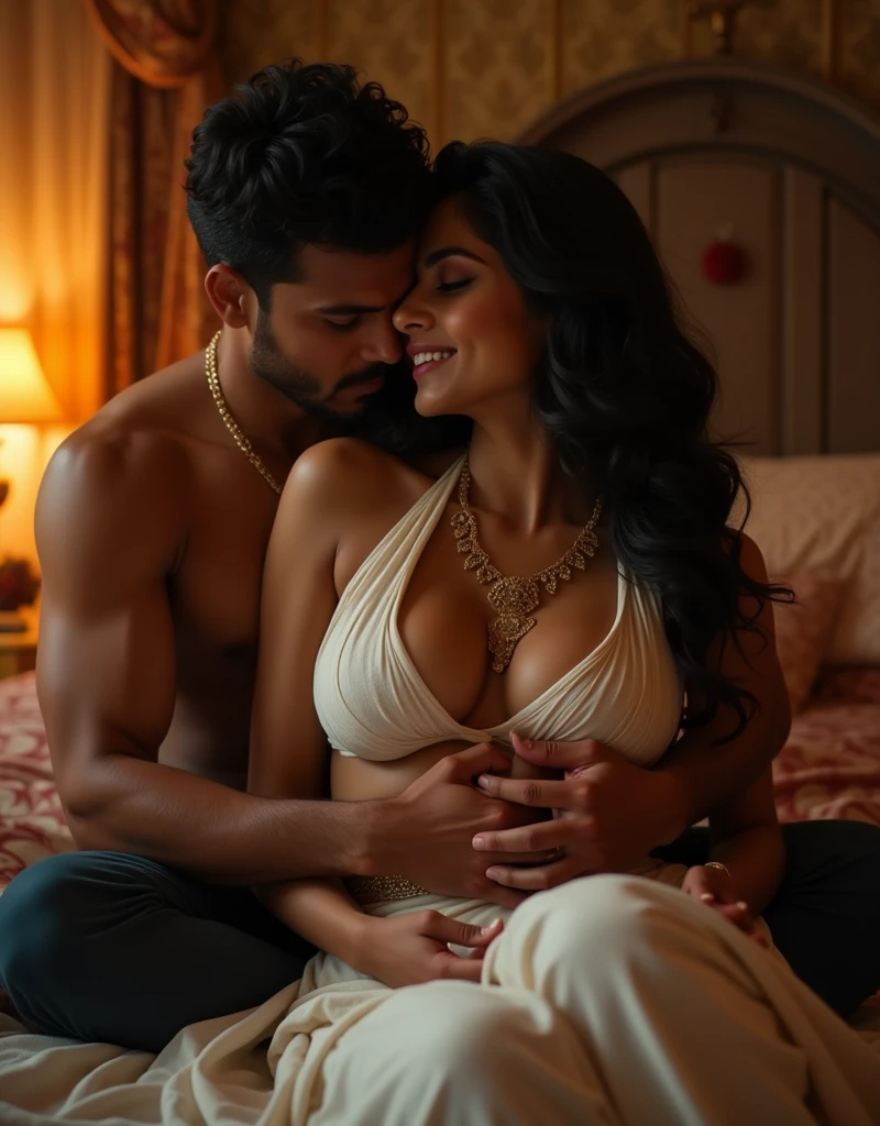 day scene, newly wed indian couple, laughing happy couple, having sex, man and woman, sexy wife, hot husband, first night, woman sitting on bed, man sitting behind her, woman removes white sari, wearing her deep neck white choli, husband is touching boobs, they are having steamy sex, well decorated bedroom, dim light, sexy mood, erotic scene, intricate details, picturize everything that is described, it is mandatory that man should grab womans boobs