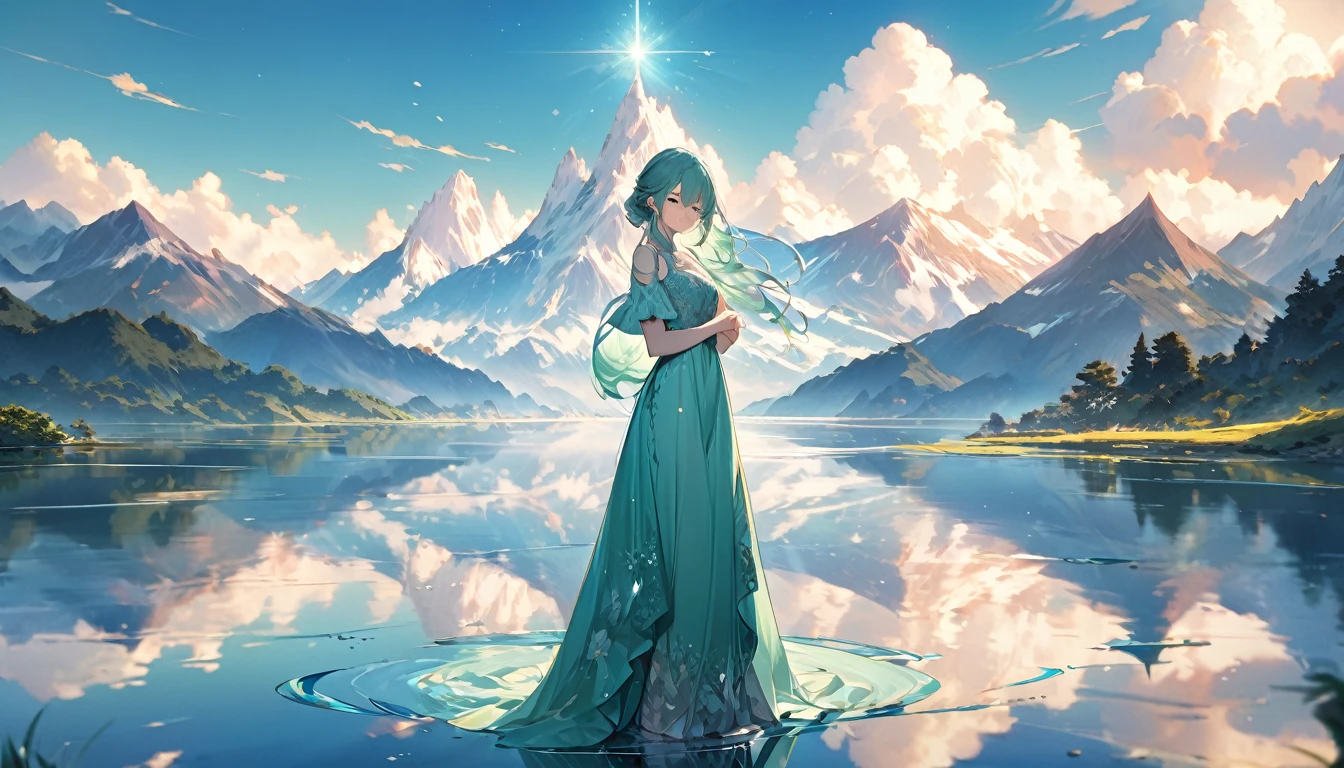 **375. One person。Personification of Landscape Reflection。A symbol of natural beauty and mirror-like serenity。Cowboy shot or close-up。
masterpiece, best quality, ultra detailed (Detailed fingers), (Emotional), (Breathtakingly beautiful),
(main part: 1.2 Whole body。), (Anime Style), (Very detailed), (Reflection Personification),
(超High resolution, High resolution), (8k), (High resolution: 1.2), (Complex and beautiful: 1.2)**
- background: A tranquil landscape reflected on the lake、A space where mountains and sky are reflected。
- character: Young woman, around 1、Wearing a dress that mimics the reflection on the lake surface。
-pose: Standing quietly、A figure moving gracefully in the reflection。
-expression: A calm and serene smile、A look full of natural beauty。
- Effects: Reflection sways、Gives off a fantastic light。
-color: A beautiful blue-green color that combines the blue of the water and the color of the sky。