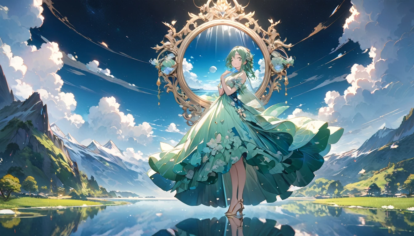 **375. One person。Personification of Landscape Reflection。A symbol of natural beauty and mirror-like serenity。Cowboy shot or close-up。
masterpiece, best quality, ultra detailed (Detailed fingers), (Emotional), (Breathtakingly beautiful),
(main part: 1.2 Whole body。), (Anime Style), (Very detailed), (Reflection Personification),
(超High resolution, High resolution), (8k), (High resolution: 1.2), (Complex and beautiful: 1.2)**
- background: A tranquil landscape reflected on the lake、A space where mountains and sky are reflected。
- character: Young woman, around 1、Wearing a dress that mimics the reflection on the lake surface。
-pose: Standing quietly、A figure moving gracefully in the reflection。
-expression: A calm and serene smile、A look full of natural beauty。
- Effects: Reflection sways、Gives off a fantastic light。
-color: A beautiful blue-green color that combines the blue of the water and the color of the sky。