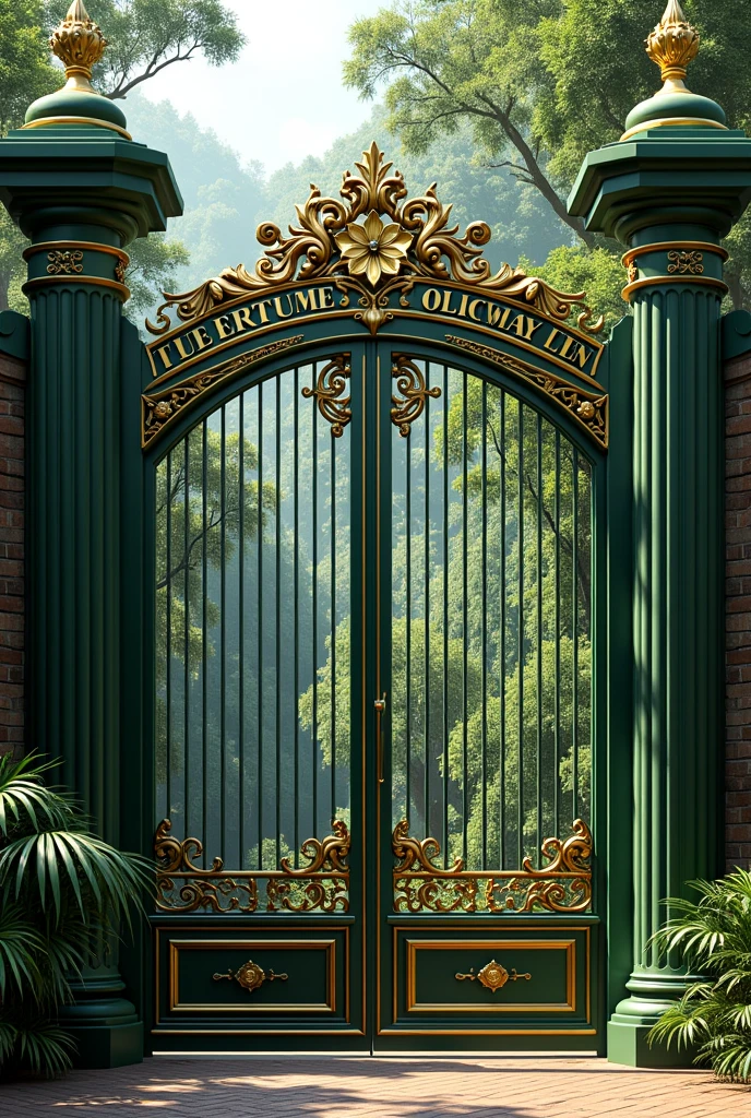 4m wide gate with bars, Two-tone green and gold, with name in large at the top, with simple and elegant lettering, that refers to the Peruvian jungle