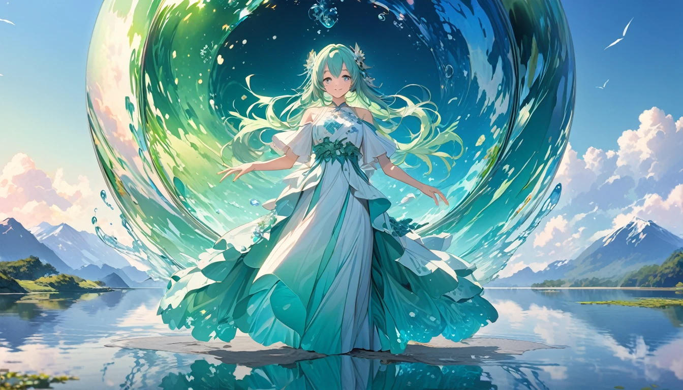 **375. One person。Personification of Landscape Reflection。A symbol of natural beauty and mirror-like serenity。Cowboy shot or close-up。  
masterpiece, best quality, ultra detailed (Detailed fingers), (Emotional), (Breathtakingly beautiful),  
(main part: 1.2 Whole body。), (Anime Style), (Very detailed), (Reflection Personification),  
(超High resolution, High resolution), (8k), (High resolution: 1.2), (Complex and beautiful: 1.2)**
- background: A tranquil landscape reflected on the lake、A space where mountains and sky are reflected。
- character: Young woman, around 1、Wearing a dress that mimics the reflection on the lake surface。
-pose: Standing quietly、A figure moving gracefully in the reflection。
-expression: A calm and serene smile、A look full of natural beauty。
- Effects: Reflection sways、Gives off a fantastic light。
-color: A beautiful blue-green color that combines the blue of the water and the color of the sky。

