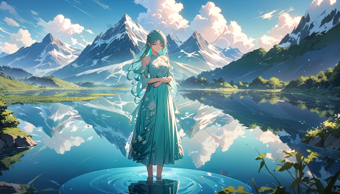 **375. One person。Personification of Landscape Reflection。A symbol of natural beauty and mirror-like serenity。Cowboy shot or close-up。
masterpiece, best quality, ultra detailed (Detailed fingers), (Emotional), (Breathtakingly beautiful),
(main part: 1.2 Whole body。), (Anime Style), (Very detailed), (Reflection Personification),
(超High resolution, High resolution), (8k), (High resolution: 1.2), (Complex and beautiful: 1.2)**
- background: A tranquil landscape reflected on the lake、A space where mountains and sky are reflected。
- character: Young woman, around 1、Wearing a dress that mimics the reflection on the lake surface。
-pose: Standing quietly、A figure moving gracefully in the reflection。
-expression: A calm and serene smile、A look full of natural beauty。
- Effects: Reflection sways、Gives off a fantastic light。
-color: A beautiful blue-green color that combines the blue of the water and the color of the sky。