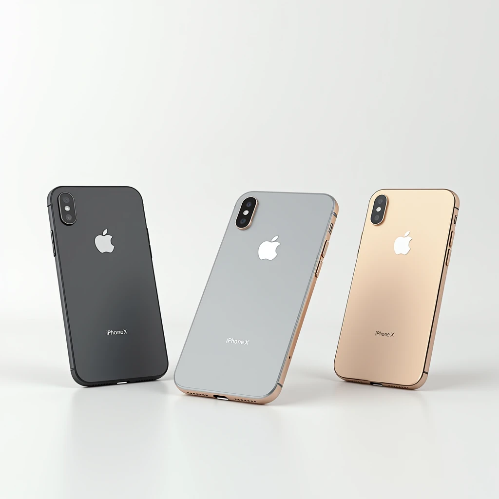 three iphone xs space gray, silver and gold color at white background and included brand name and iphone logo