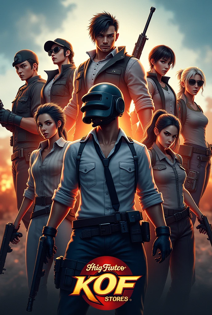Make a wallepaper for group and in this wallpaper squad of pubg man and women both but in king of fighter seems and below the text KOF store